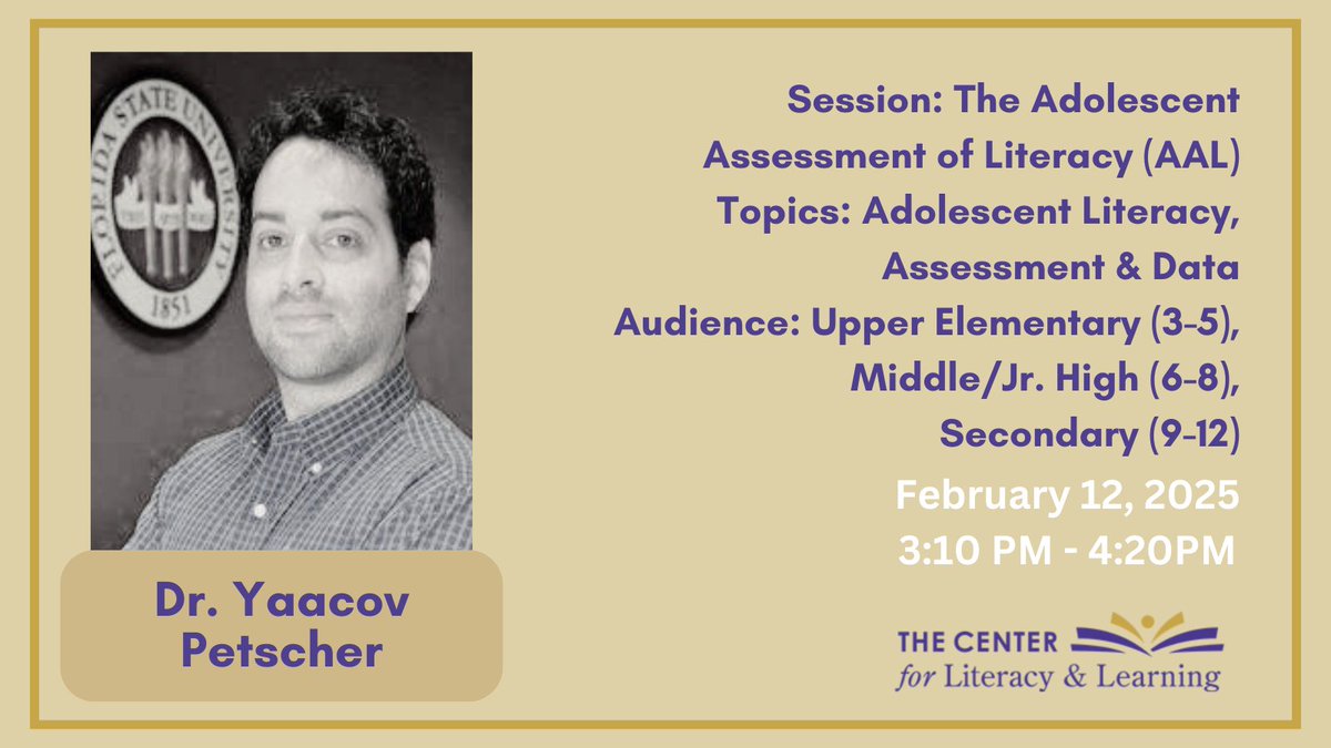 TheFCRR's tweet photo. Dr. Yaacov Petscher will present "The Adolescent Assessment of Literacy (AAL)," on Wednesday 2/12 at @cll_teach Plain Talk About Literacy and Learning® Conference. https://t.co/sfFdyDB3BK #FCRRInTheField https://t.co/M2V4dPi9n5