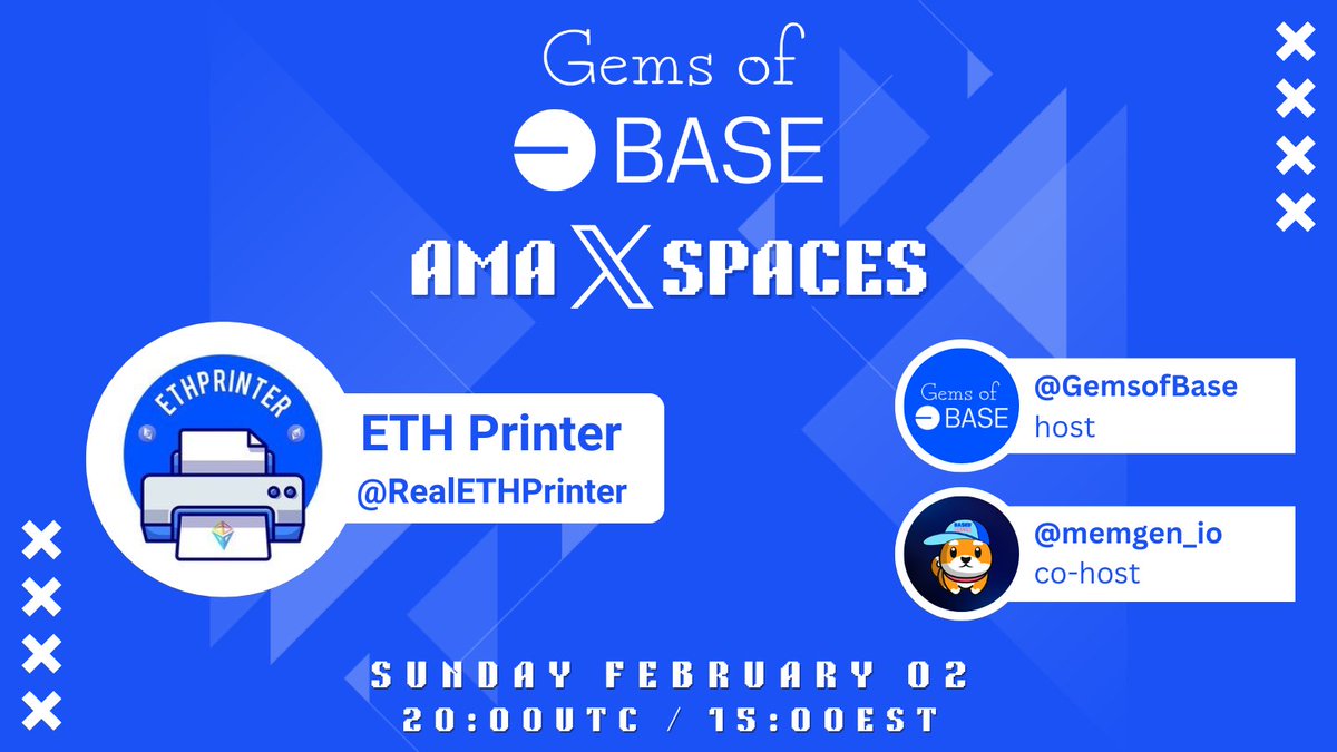 GemsofBase's tweet image. 💎 We return for another Based Gems AMA Space

⏰ Sun 02 Feb 2025 20:00UTC
🔗 x.com/i/spaces/1RDGl…

With @memgen_io as co-host, I will be speaking with @RealETHPrinter and getting the lowdown on this exciting community-driven reward token on @base 🚀