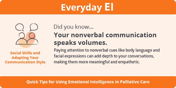 CdnHomeCare's tweet image. Emotional Intelligence and Palliative Care

💡 EI TIP #15:  Be aware of your body language and facial expressions to facilitate more meaningful and empathetic discussions.

Learn more: cdnhomecare.ca/eicompass/

#StressManagement #PalliativeCareTips #EmotinalIntelligence #EITips