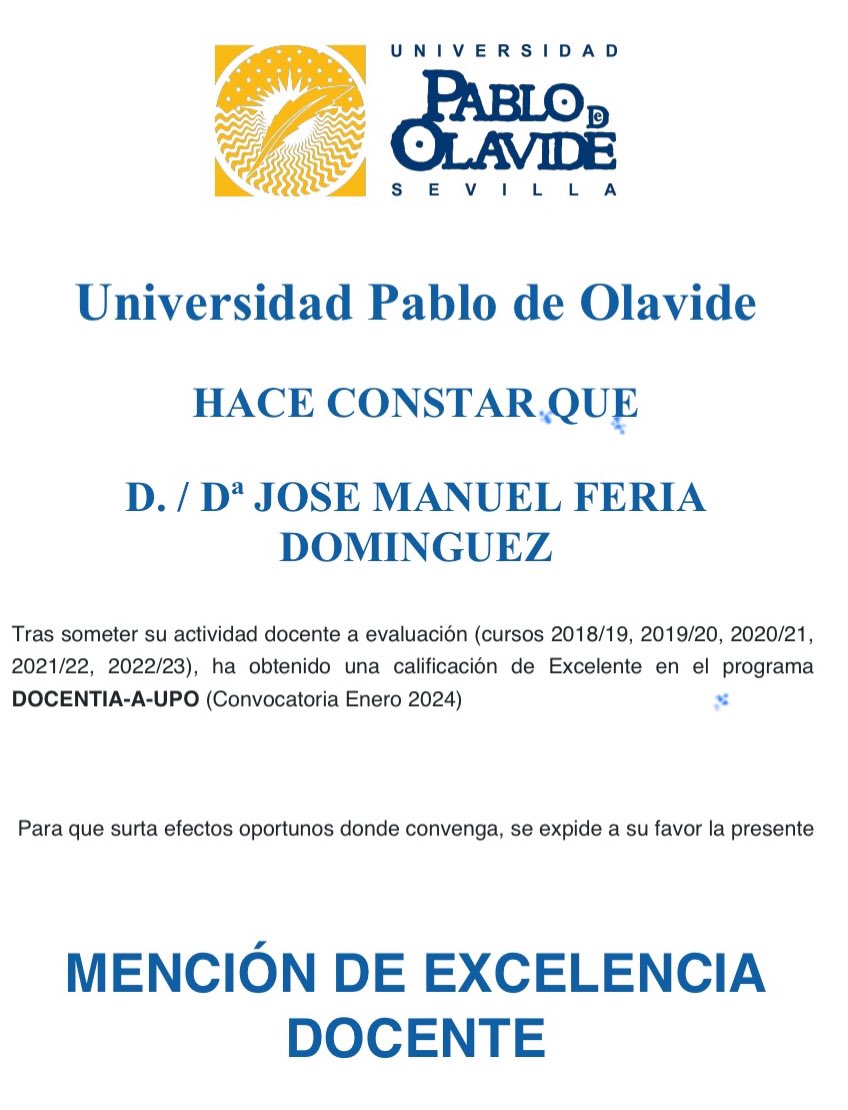 joseM_feria's tweet image. Me acaban de otorgar la MENCIÓN DE EXCELENCIA 🥇en el programa #DOCENTIA, con el que los profesores universitarios nos sometemos a la evaluación de la #calidad de nuestro desempeño docente cada 5 cursos académicos. No puedo estar más feliz✨por este reconocimiento🙏