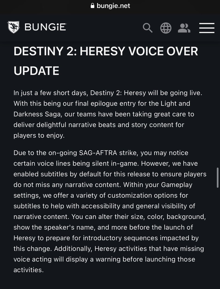 JCosta197's tweet photo. Im sorry @Bungie @Destiny2Team but this feels completely unacceptable. If im reading this right, rather than siding with the actors and performers that make your game, you actively chose to ignore them and just leave pieces out of your upcoming expansion? Shameful behavior #twid https://t.co/6ve1rWondX