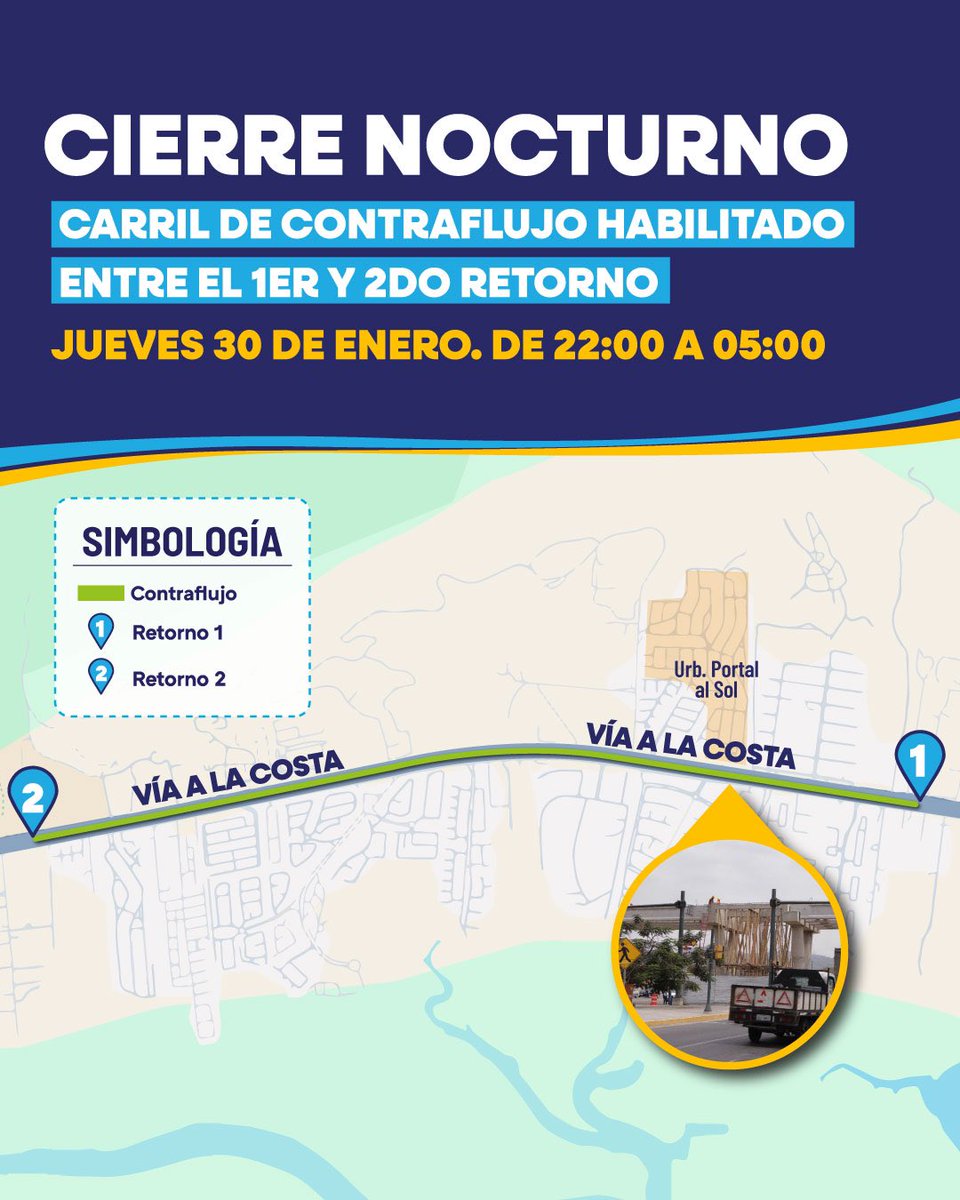 ATMGuayaquil's tweet photo. Debido a trabajos en el paso elevado del Km. 11,8 de la Vía a la Costa, a la altura de la Urb. Portal al Sol, se habilitará un carril de contraflujo entre el 1er y 2do retorno.

📅 Fecha: Jueves 30 de enero de 2025
🕒 Horario: De 22:00 a 05:00
🚗 Sentido: Puerto Azul – Chongón

Planifique su ruta y evite contratiempos.

#CiudadDeTodos