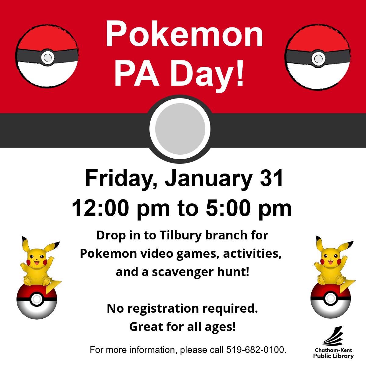 yourtvck's tweet photo. Stop by the Tilbury Branch of the Chatham Kent Public Library this Friday (January 31) between 12pm to 5pm for Pokemon PA Day! Check out the Pokemon video games, scavenger hunt, and other activities.
#YourTVCK #TrulyLocal #Tilbury #PADay #CKont #CKPL https://t.co/yq67PT8lr9