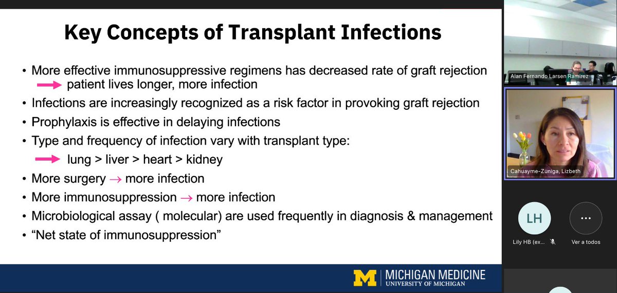 Hoy tuvimos el privilegio de que la Dra <a href="/LCahuaymeMD/">Lizbeth CZ</a> de la <a href="/UMich/">University of Michigan</a> nos impartiera una sesión sobre la evaluación pretrasplante enfocada en procesos infecciosos <a href="/uanl/">UANL</a>