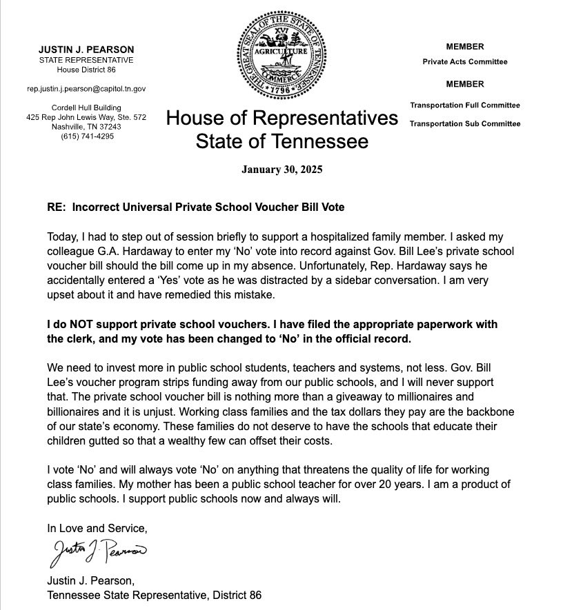 I stepped out to talk with a hospitalized family member during the voucher vote. My colleague cast the wrong vote for me. I’ve fixed it, and I am a firm NO. I will always support public schools. Below is my statement on the matter. Let’s continue to fight for public schools!