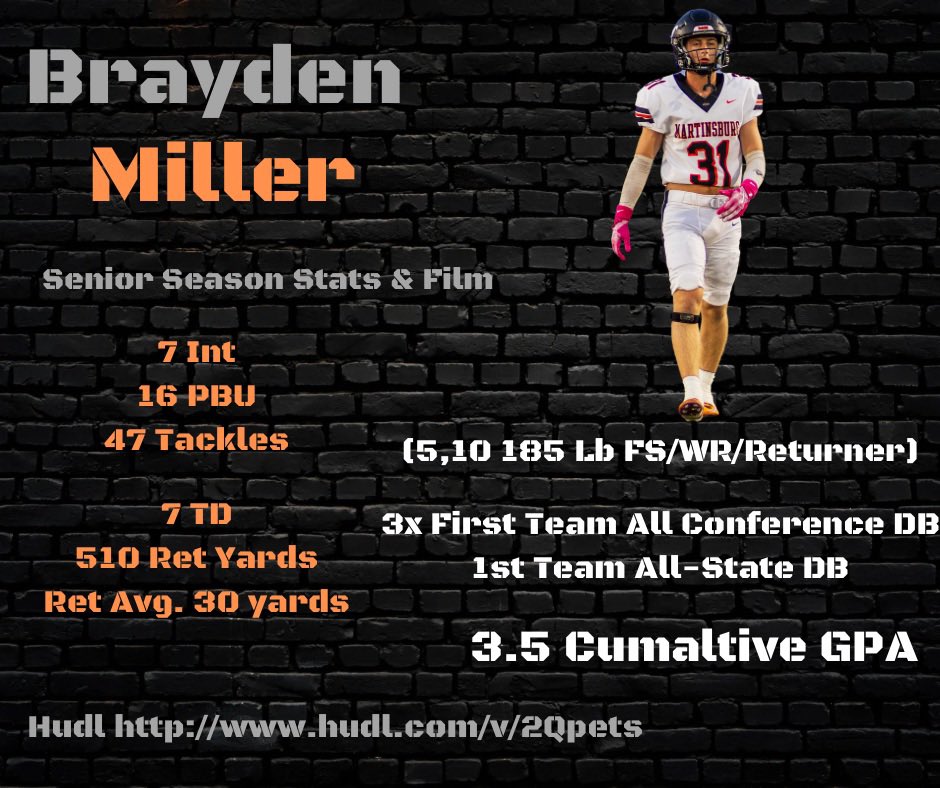 Full Senior Season Stats &amp; Highlights
14-0 State Champs.  hudl.com/v/2Qpets <a href="/MburgFootball/">Martinsburg Bulldog Football</a> <a href="/RecruitMHSFB/">Martinsburg High School Football Recruiting Page</a> <a href="/coachdavewalker/">David Walker</a> <a href="/M31Derek/">Derek Miller</a> <a href="/ncsa/">NCSA College Recruiting</a> @CoachSutherIMG <a href="/CoalfieldsCo/">Coalfields & Co.</a> <a href="/PrepRedzoneWV/">Prep Redzone West Virginia</a> <a href="/SportsTalk_304/">WV Sports Talk</a> <a href="/BlueChipsFB/">BlueChips Football</a> <a href="/nxt1sports/">NXT 1</a> <a href="/TopPreps/">SPORTS NEWS, VIDEOS, GRAPHICS, EXPOSURE & MORE</a> <a href="/One11Recruiting/">One11 Recruiting</a> <a href="/eastern_report/">Eastern Panhandle Sports Report</a>