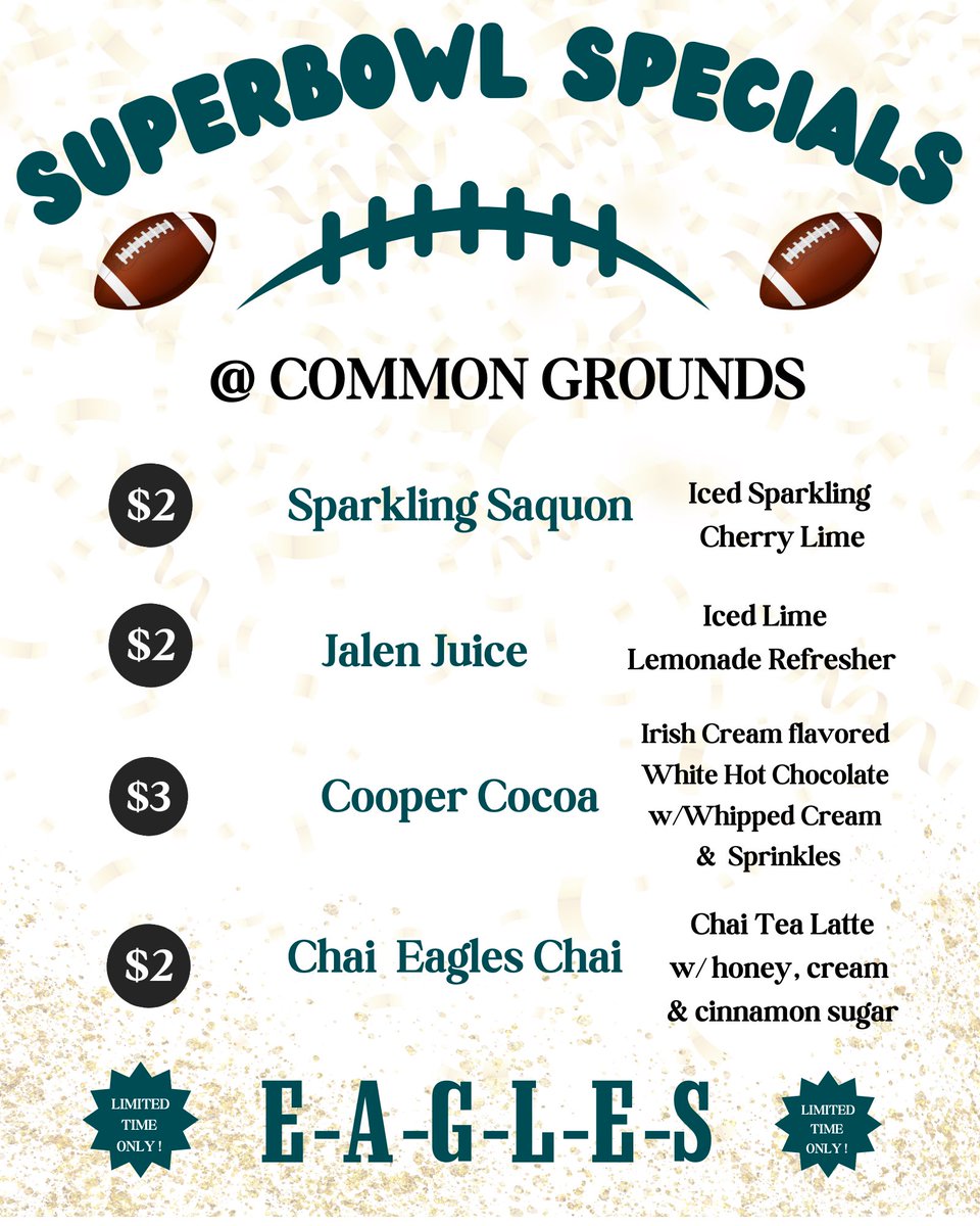 Celebrate the last day of January with a beverage from Common Grounds! Our new Superbowl Specials start tomorrow (1/31) . Stop by and see us ! <a href="/GarnetValleyHS/">Garnet Valley HS</a>