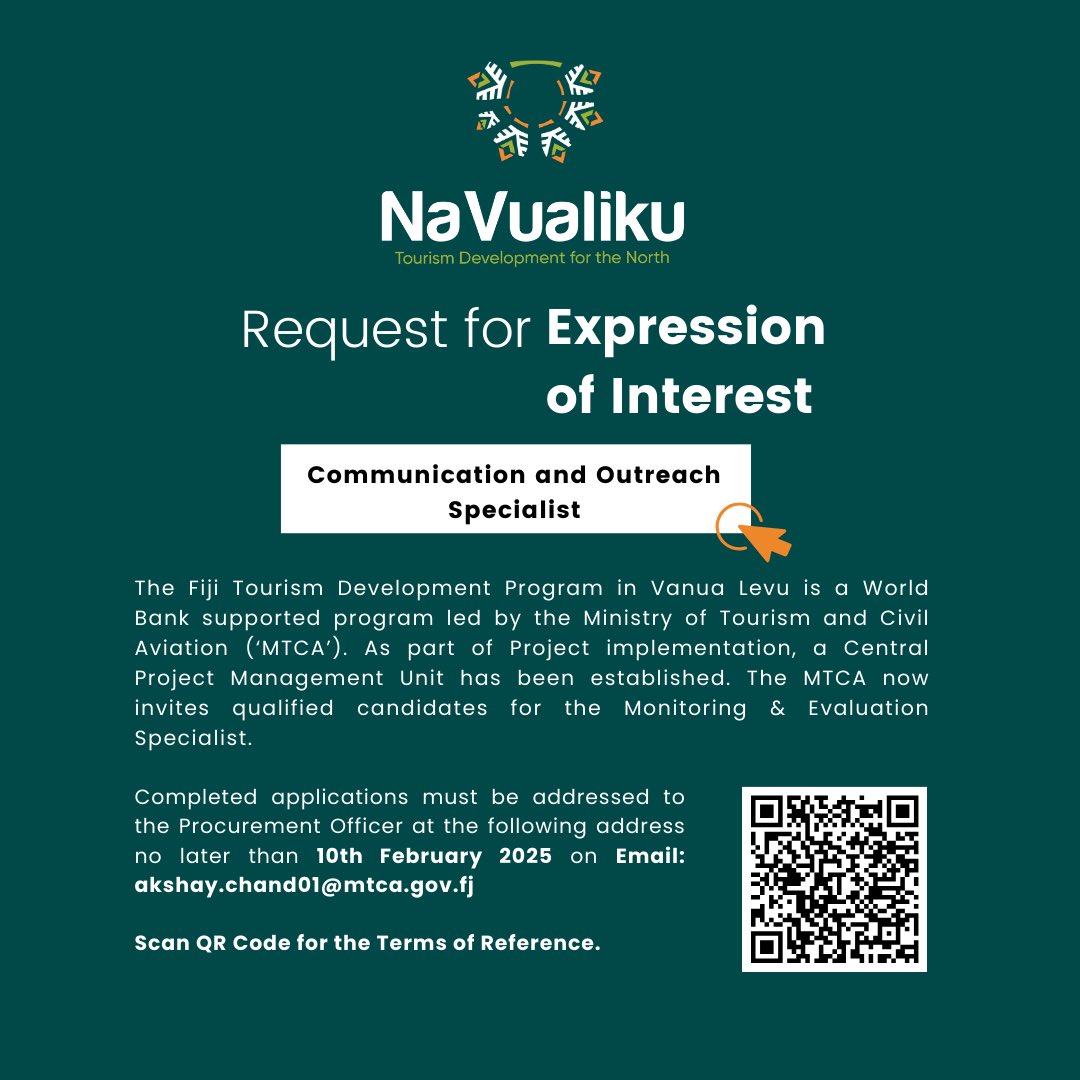 To support the Na Vualiku Project, we’re looking for passionate individuals to join our Central Project Management Unit. 

Scan the QR Code or click here for TORs bit.ly/40Ujls3 #FijiJobs #NaVualiku