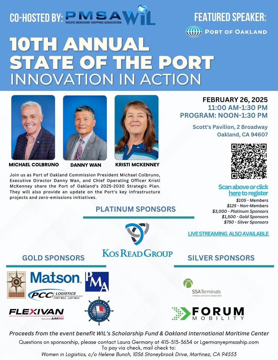 WILNorcal's tweet photo. The 10th Annual State of the @PortofOakland will be held at Scott's Pavilion in Oakland, CA on Wednesday, February 26th. Proceeds from the event, co-hosted by @PMSAship, benefit the International Maritime Center and WIL's scholarship fund.

Register at: https://t.co/Hl1WoUyzFR https://t.co/VPM28pKI4E