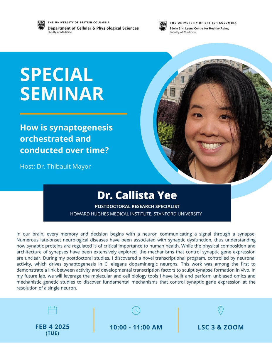 UBC Cellular & Physiological Sciences (@ubccps) on Twitter photo 📢 Next Tuesday: CPS Special Seminar!
Join us for an in-person presentation by Dr. Callista Yee, hosted by Dr. Thibault Mayor:
"How is synaptogenesis orchestrated and conducted over time?"
📷 Feb 4, 10am in LSC 3 & Zoom
See you there!
<a href="/UBCAging/">Edwin S.H. Leong Centre for Healthy Aging</a> 📢 Next Tuesday: CPS Special Seminar!
Join us for an in-person presentation by Dr. Callista Yee, hosted by Dr. Thibault Mayor:
"How is synaptogenesis orchestrated and conducted over time?"
📷 Feb 4, 10am in LSC 3 & Zoom
See you there!
<a href="/UBCAging/">Edwin S.H. Leong Centre for Healthy Aging</a>