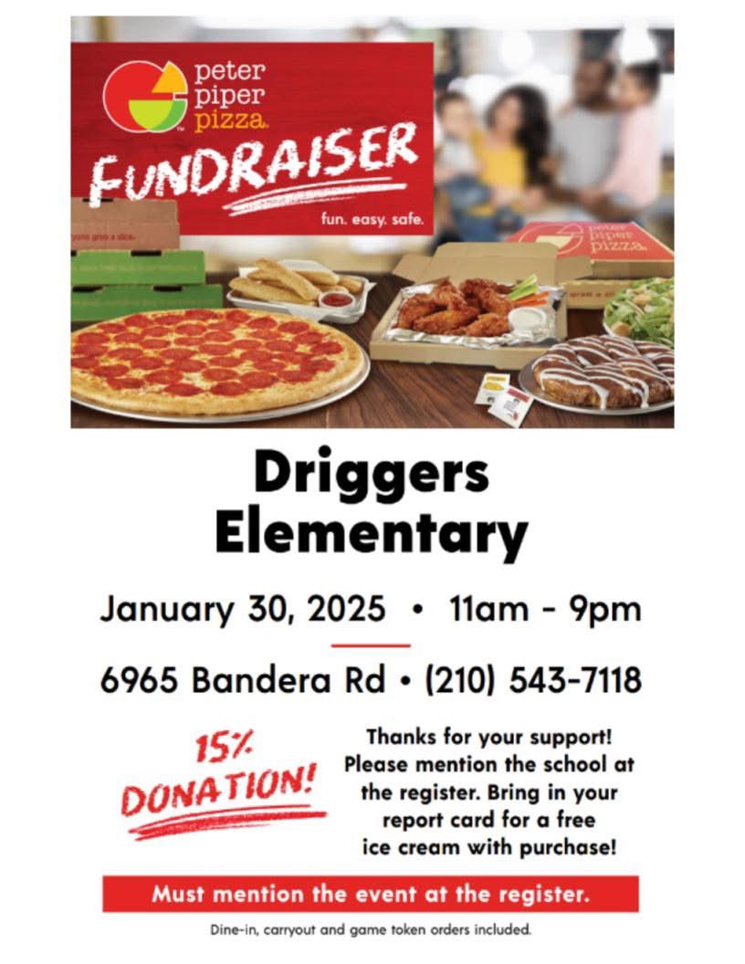 🍕 Don't know what to make for dinner? We’ve got you covered! Join us at Peter Piper Pizza for our Spirit Day! 🎉 Help support our school and show your Driggers spirit! Plus, students who bring their report card can enjoy a FREE ice cream!🍦