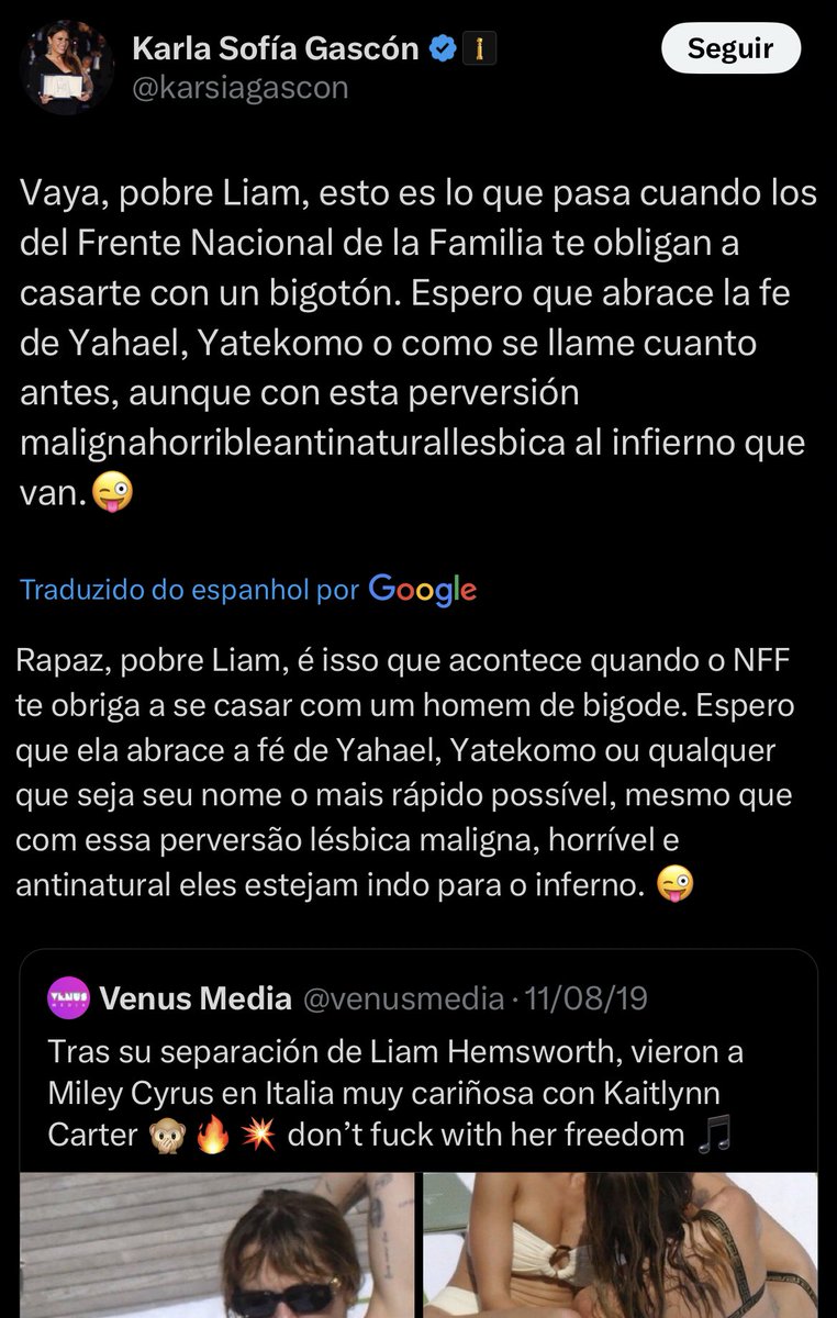 TudoMiley's tweet photo. 🚨 Internautas encontram tweets da atriz Karla Gascón sendo totalmente machista/homofobica contra Miley Cyrus quando a cantora se separou do seu ex-marido. https://t.co/A0slBGH8fA