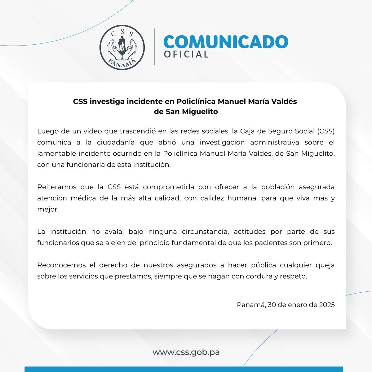#Nacionales La <a href="/CSSPanama/">CSSPanama</a> informa que inició una investigación tras la circulación en redes sociales de un vídeo en el que se observa a una funcionaria de la institución agrediendo a una paciente, hecho ocurrido en la Policlínica Manuel María Valdés, de San Miguelito.