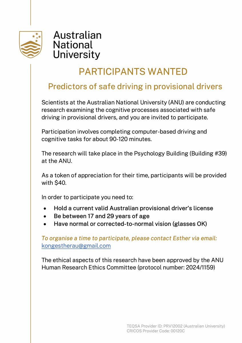 Do you have a Provisional Australian Driver's license? Are you aged between 17 and 29? If so, we invite you participate in our research study at the Australian National University (Canberra). Please see more info attached if you are interested!