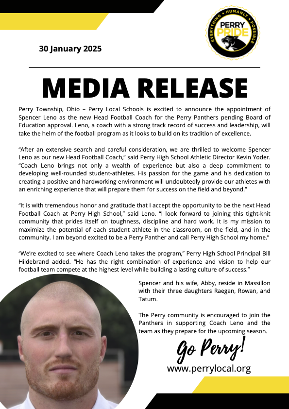 ThePHSnews's tweet photo. Perry Local Schools is excited to announce the appointment of Spencer Leno as the new Head Football Coach for the Perry Panthers. https://t.co/2jJ5TEglxp