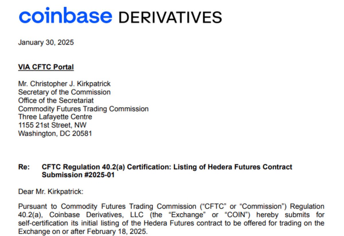 🚨BREAKING: Coinbase requests CFTC to list $HBAR futures on their derivatives market