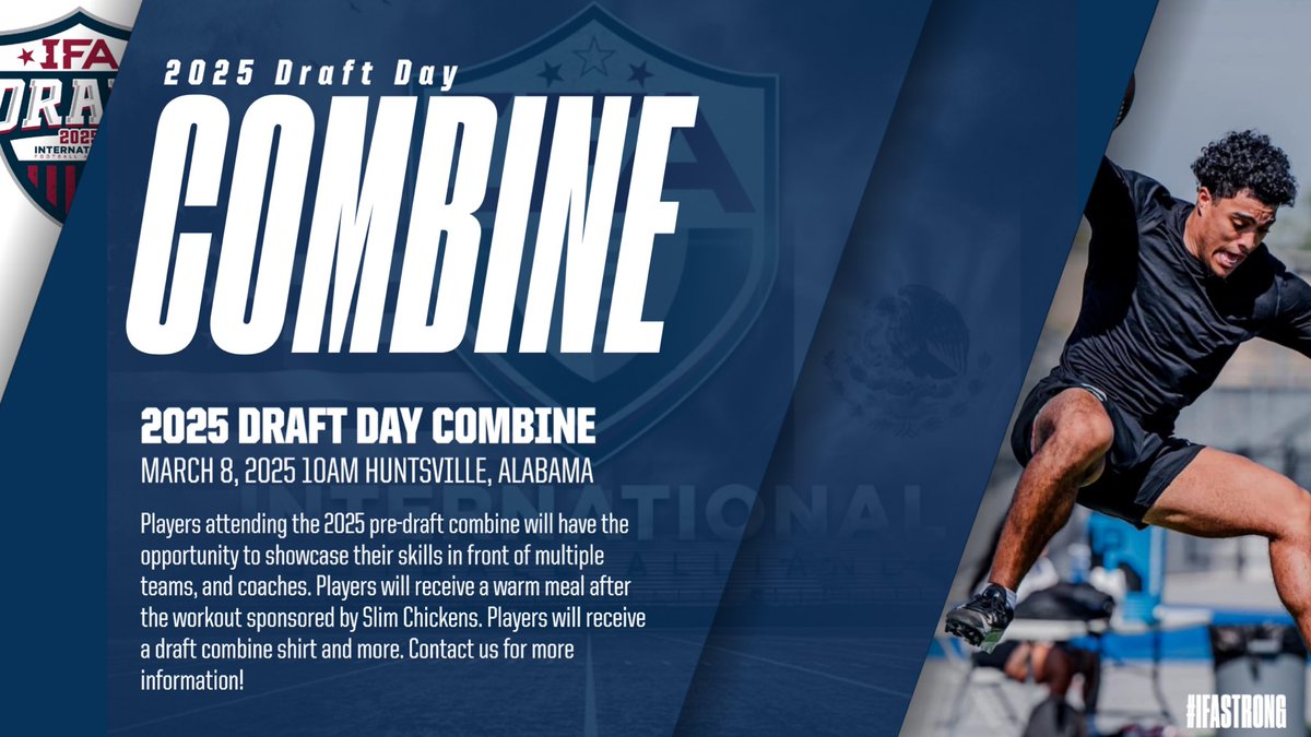 As we prepare to host the inaugural 2025 IFA Draft we are going to host the Draft Day combine on March 8,2025. We are only accepting 50 athletes. Each athlete in attendance will be admitted into the draft pool to be selected by teams on draft day! Any players not selected on