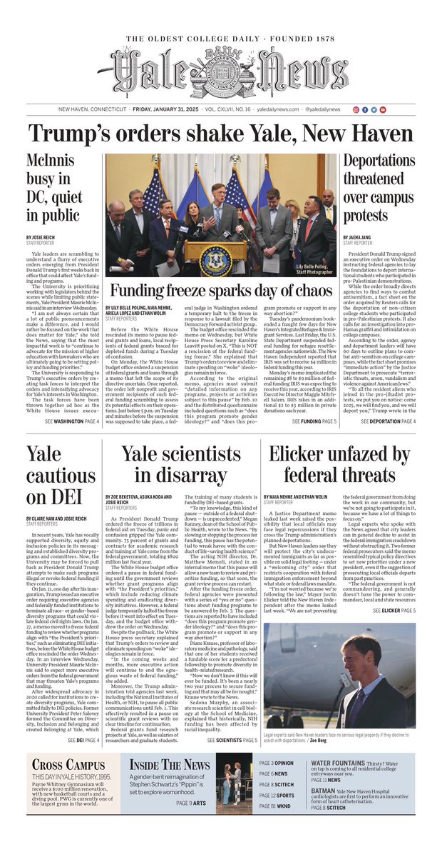 Tomorrow’s <a href="/yaledailynews/">Yale Daily News</a> front page by <a href="/CarterCashen/">Carter Cashen</a>. Our reporters had a busy week covering an array of Trump’s executive orders.