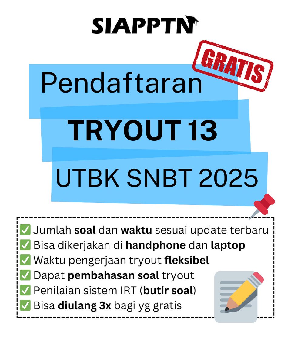 siapptn's tweet photo. Yuk daftar tryout utbk snbt 2025! 😍
Pendaftaran gratis: 30 januari - 7 februari 2025
Pengerjaan gratis: 7 - 11 februari 2025
Persyaratan daftarnya ada di gambar yah 😍 yuk yukk ikutan yukkk
#tryoutsnbt2025 #tryoutsnbtgratis #snbp2025 https://t.co/dARZ7wmXqF