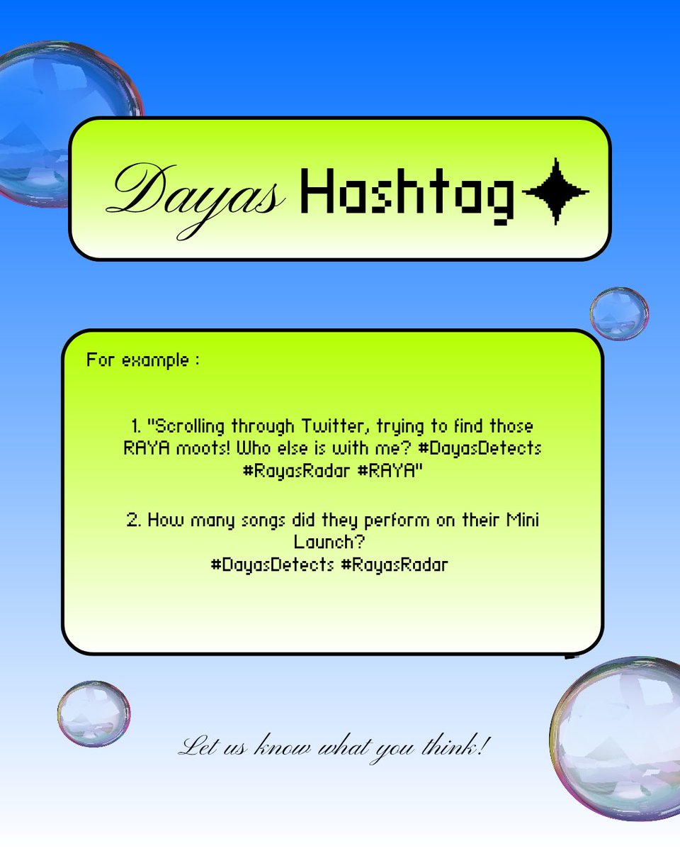 ofc_rays's tweet photo. Hi DAYAS! 👋

Are you interested in these tags? They can be used to find your #RAYA related content or connect with other #DAYAS !

#DayasDetects #RayasRadar 

Disclaimer: DAYAS is an unofficial fandom name that will serve until we have an official one https://t.co/8uw83ah1h7