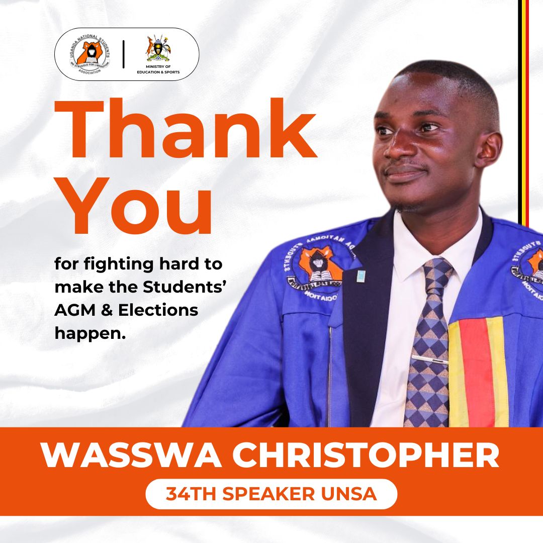 Country men and women, join us in congratulating <a href="/WasswaChristo13/">Wasswa Christopher</a>, the 34th UNSA Speaker upon conducting the most successful students AGM and Elections. What a leader!!!! His resilience is unmatched. <a href="/KagutaMuseveni/">Yoweri K Museveni</a> <a href="/PaulAchaye/">Achaye Paul</a> <a href="/JanetMuseveni/">Janet K Museveni</a> @Mukulaa