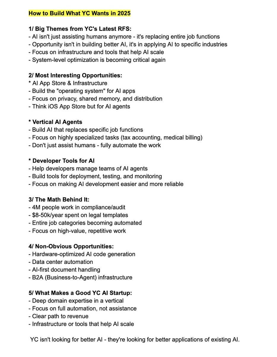 Y Combinator JUST announced what startups they want to fund next in 2025. And it's mostly AI that replaces $100k/year job functions.

My notes below in case it's helpful to you: