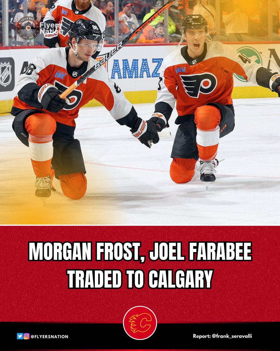 FlyersNation's tweet photo. Frank Seravalli (@frank_seravalli) reports that Morgan Frost and Joel Farabee are the #Flyers players traded to Calgary. 

It appears that Andrei Kuzmenko, Jakob Pelletier, and a draft pick are the return for Daniel Briere. https://t.co/8PqKWkuT1s