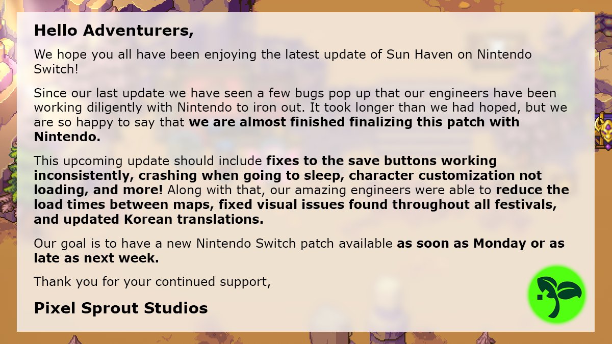 SunHavenRPG's tweet image. Hello Adventurers,
We have news to share about the next update for Sun Haven on Nintendo Switch.