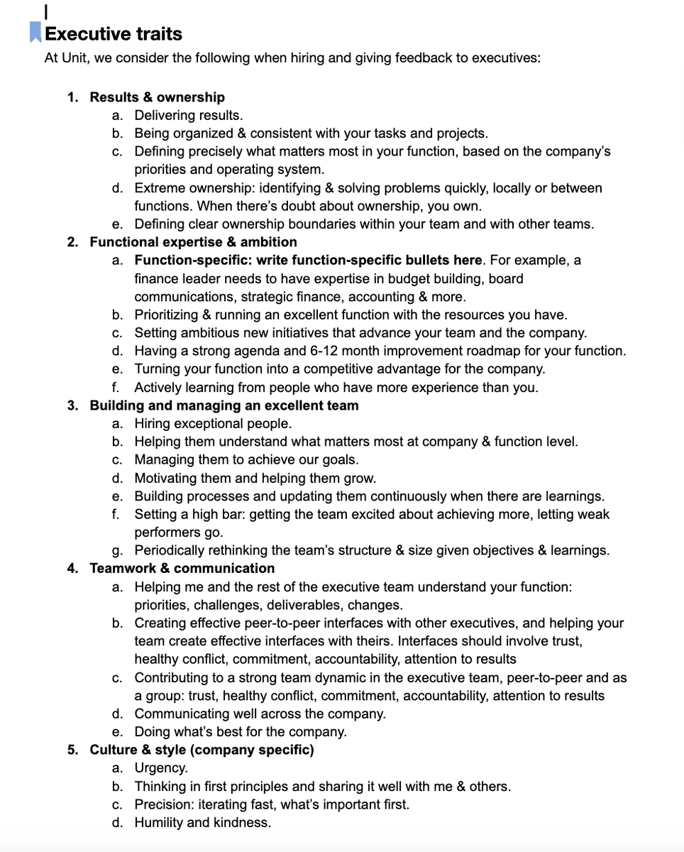 Itai Damti (@itaidamti) on Twitter photo Traits of high-performing executives- a 1-pager you can use to hire & evaluate.
Inspired by:
- Field learnings :)
- High Growth Handbook / <a href="/eladgil/">Elad Gil</a>
- The Hard Things About Hard Things / <a href="/bhorowitz/">benahorowitz.eth</a>
- Scaling People / <a href="/chughesjohnson/">Claire Hughes Johnson</a>
- The Five Dysfunctions of Team / Traits of high-performing executives- a 1-pager you can use to hire & evaluate.
Inspired by:
- Field learnings :)
- High Growth Handbook / <a href="/eladgil/">Elad Gil</a>
- The Hard Things About Hard Things / <a href="/bhorowitz/">benahorowitz.eth</a>
- Scaling People / <a href="/chughesjohnson/">Claire Hughes Johnson</a>
- The Five Dysfunctions of Team /