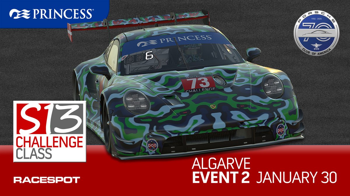 In one hour, #Series13 Event 2 at Algarve wraps up with the Challenge Class on <a href="/RaceSpotTV/">RaceSpot TV</a> 

🕰️ 9 pm EST/6 pm PST
📺 youtube.com/live/R8MgxzMx-…

#PCASimRacing is thrilled to have <a href="/PrincessCruises/">Princess Cruises</a> as its 2025 Title Sponsor

<a href="/PCANational/">PCA</a> celebrates its 70th Anniversary in 2025