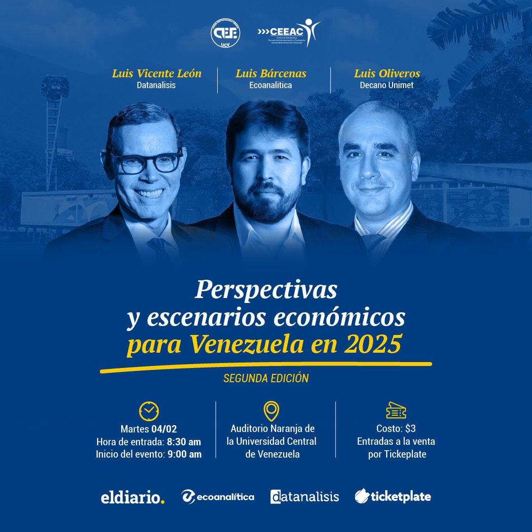 eldiario's tweet photo. 🗣️ Los economistas Luis Oliveros (@luisoliveros13), Luis Bárcenas (@barcenasluis) y Luis Vicente León (@luisvicenteleon) estarán presentes en la segunda edición del foro Perspectivas y escenarios económicos para Venezuela.

Compra tus entradas aquí: https://t.co/7VXyZyVZvM https://t.co/xcQCL1BzqP