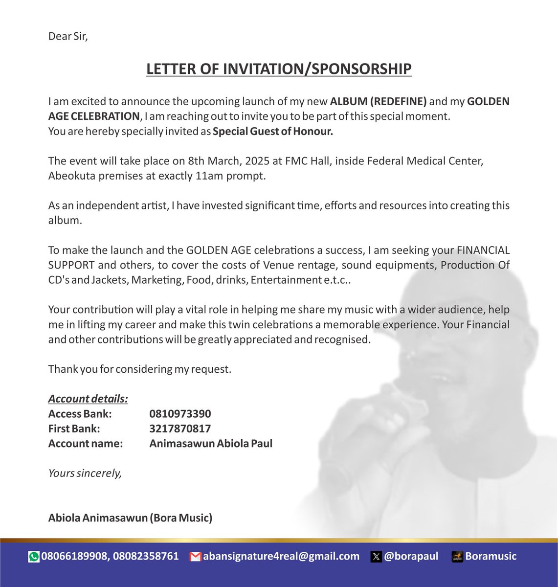 borapaul3's tweet photo. @funkeakindele Good evening my sister. I'm an artist trying to do good with my talent. I just made my maiden album, planned to launch it on March 8, but help is not coming. Below is my letter. Please help me you will never lack help in Jesus name. My budget is 2m, pls. God bless you. https://t.co/qM29w6ycHG