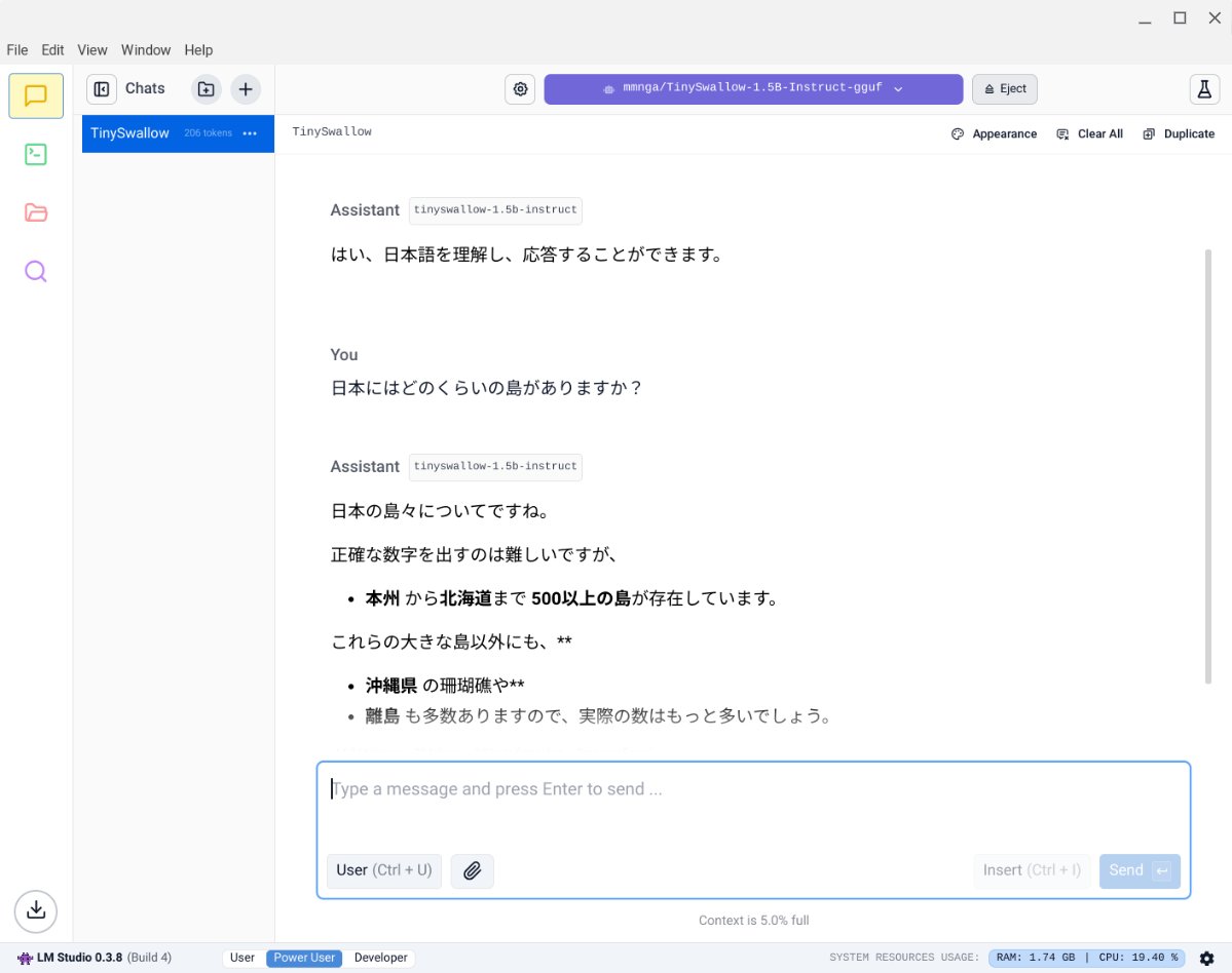 datsu00111's tweet photo. TinySwallow-1.5B-Instructを #chromebook の #LM_Studio でやってみた。
モデルも1GB ないんだなぁ。すご!
動きも速いし、chromebookのLinuxでも使えそうな雰囲気。
パーソナルAIも近いですな。Androidでも試してみようかなぁ。 https://t.co/LgiV9Am3BR