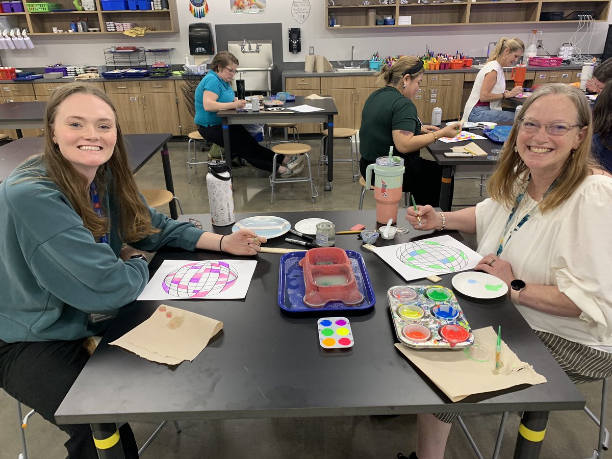 #CreativityWeek continues with the first CES Teacher “Pause &amp; Paint”. Where we take a pause… and just paint! We created Neon Disco Balls 🪩 to display at our school art show. #artmatters #teachertime <a href="/HaysFineArts/">Hays CISD Fine Arts</a> <a href="/HaysCISD/">Hays CISD</a>