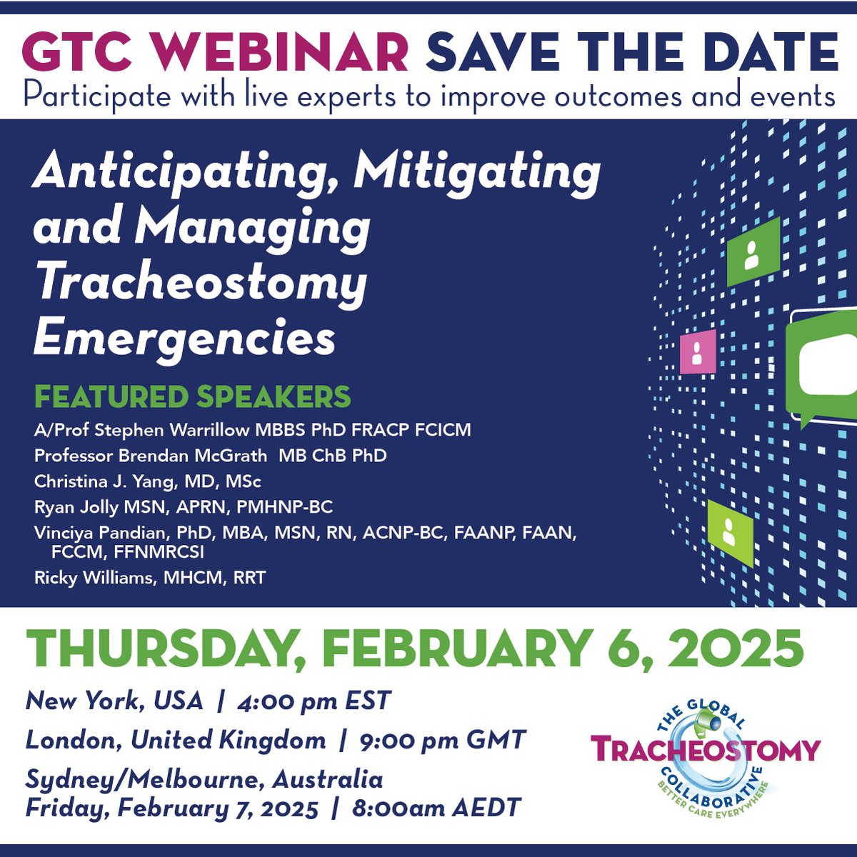 Register now for the GTC Webinar  - tr.ee/yiqj3AHswi
Anticipating, Mitigating and Managing Tracheostomy Emergencies

Thursday, February 6, 2025 - 4:00 pm EST