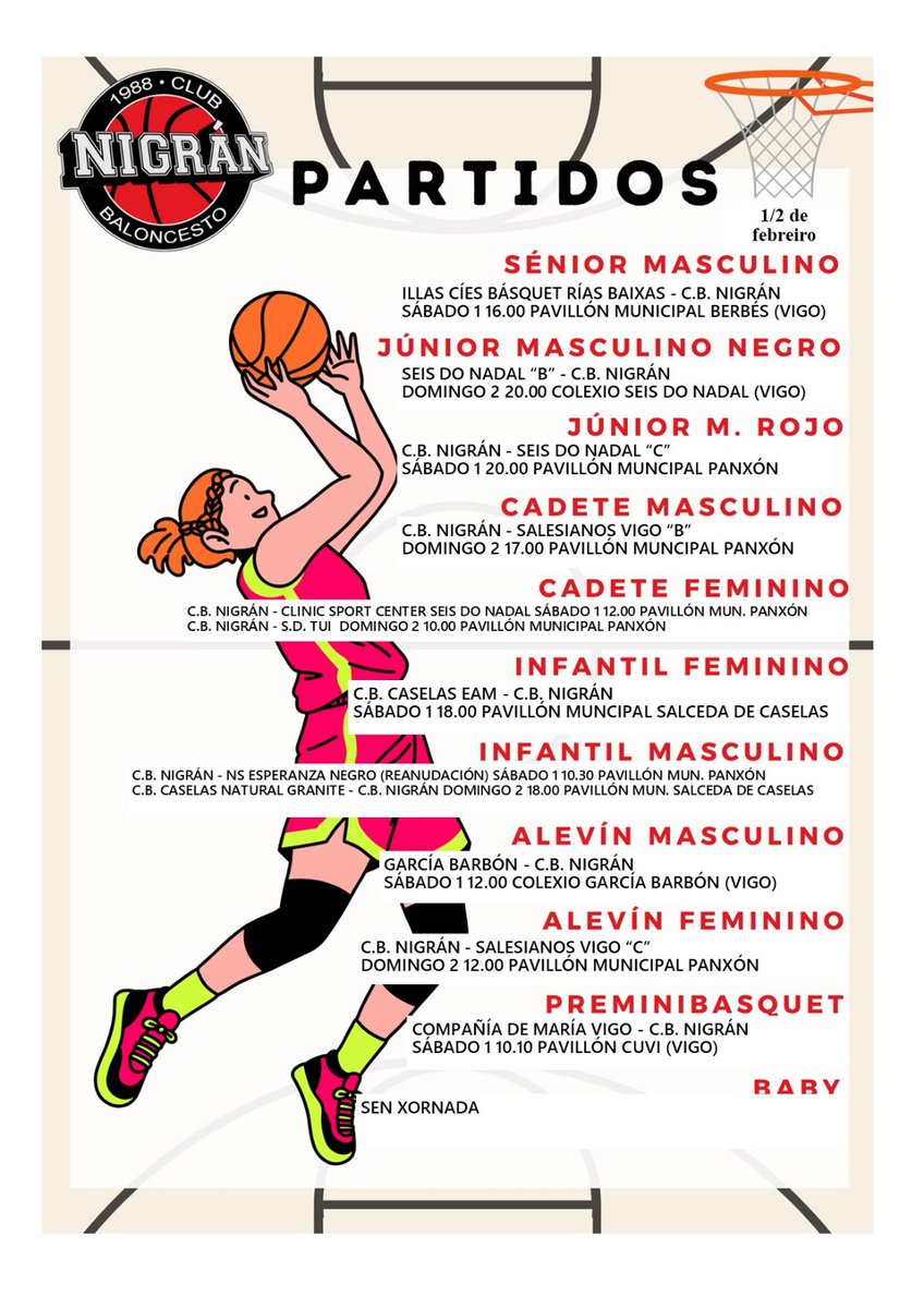 cb_nigran's tweet photo. XORNADA 17
Sábado 1 
@ciamariavigo - benxa mixto 
Pav. CUVI 10.10
infa masc - @colexionsesperanza Panxón 10.30 (reanudación)
@ceipgbarbon - alevín masc 
Colexio García Barbón (Vigo) 
cadete fem - @CBSeisNadalCoia
Panxón 12.00
@CBRiasBaixas - senior masc
Pav. Mun. Berbés 16.00 https://t.co/vpk5TjkRnA