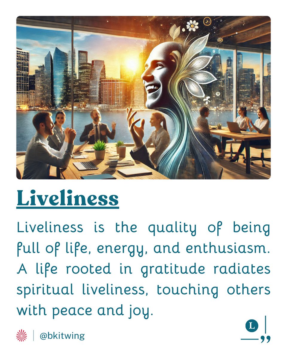 bkitwing's tweet photo. #Liveliness is light of #gratitude within. When the soul blooms with #thankfulness, it exudes a vibrant #aura, uplifting everyone around. #True spiritual liveliness lies in living each moment with #peace, #joy, &amp; a heart full of #appreciation
#bkitwing #brahmakumaris https://t.co/nmyQnn1QHT