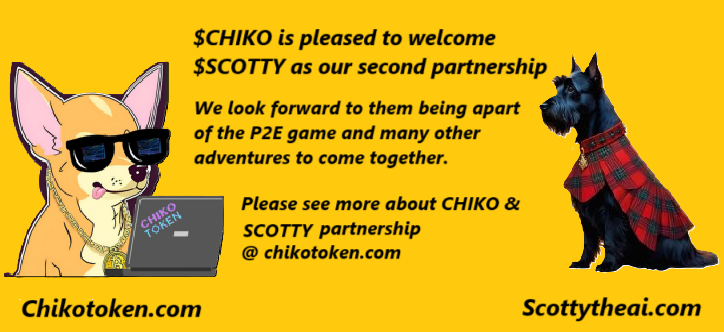 Yo_Quiero_Chiko's tweet photo. $CHIKO is pleased to announce its 2nd partnership for the #P2E game "Chiko's Dog Park".

🥳We want to welcome  @ScottyThe_Ai  to the Chiko pack. $SCOTTY is a Memecoin with unique Ai utilities and also a P2E game coming up. We feel that Scotty will be a perfect partnership and we will have many great adventures together, along with them being a perfect fit to have as a character in the game.

Presale now live with a 20% bonus airdrop👇
https://t.co/1fPIERDHoA