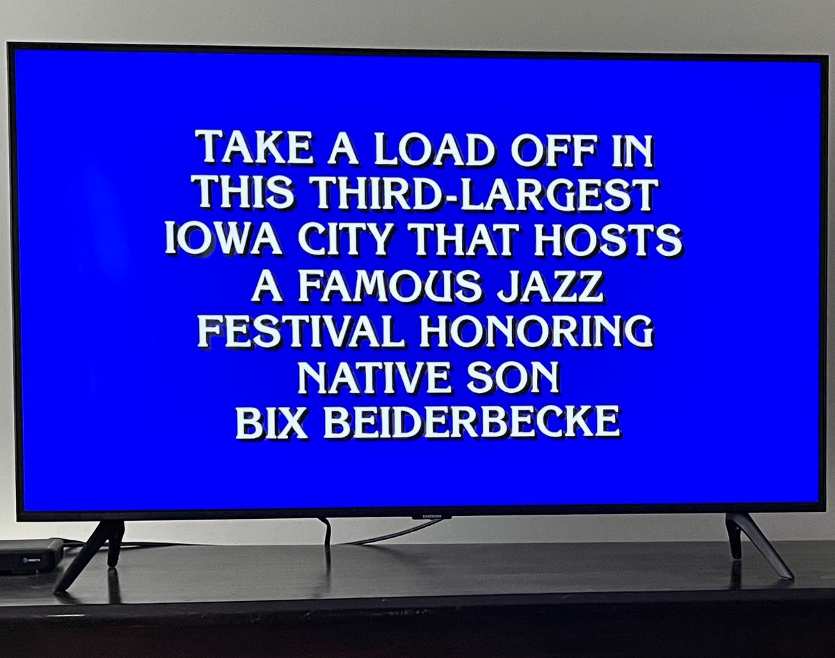 From today’s @jeopardy Tournament of Champions broadcast 🥳🎶🎺 U.S. Cities category for $1,000. The Bix Beiderbecke Jazz Festival started in 1971 — still going strong!!! ⭐️ #bixbeiderbecke #davenportiowa #quadcities #jazzfestival #jazzmusician #davenport #bixlives #jeopardy