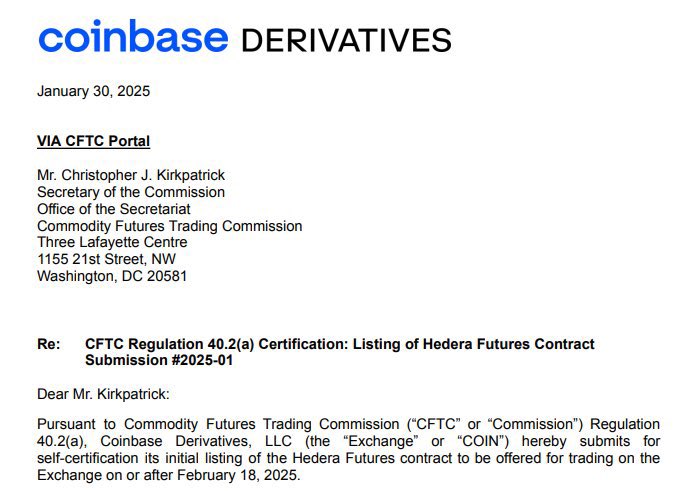 ZetaRunner's tweet photo. 🌐 Coinbase Derivatives Files to List $HBAR Futures – Institutional Demand Surges 🚨

Coinbase Derivatives has officially filed to list HBAR futures contracts, set to go live on or after February 18. This move follows the recent listing of HBAR on Coinbase Prime, reinforcing its appeal to institutional investors.

Why This Matters:
•CFTC-Regulated: A compliant and secure futures trading platform for institutions.

•High Liquidity: Coinbase Futures sees $4B in daily volume, reducing slippage for large trades.

•Leverage & Hedging: Institutions can amplify positions and manage risk.

•Market Maturity: Futures trading signals greater institutional acceptance.

•Growing Open Interest: Coinbase International Exchange reports $118M in derivatives open interest for HBAR.

With only 2% of cryptocurrencies qualifying for Coinbase Prime, HBAR’s institutional credibility continues to strengthen—potentially paving the way for an HBAR ETF in the near future.

#HBAR #CryptoNews #Coinbase #InstitutionalAdoption