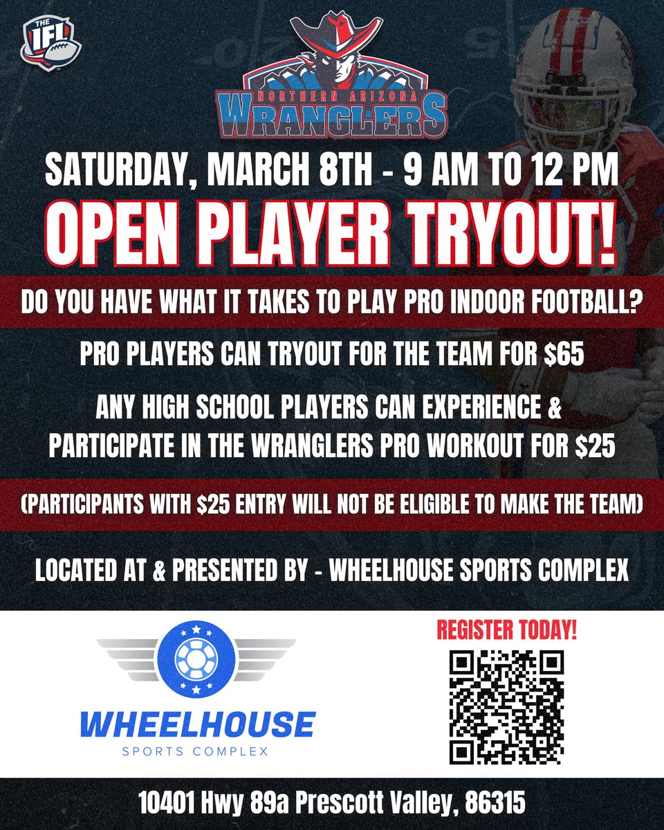 🚨OPEN PLAYER TRYOUT!🚨 We are excited to announce a LOCAL OPEN PLAYER TRYOUT ahead of the 2025 season! 🤠👀 Scan the QR code or visit the link below to register and compete for a roster spot!

REGISTER⬇️
sparkpages.io/cart/2/?i=_pWs…