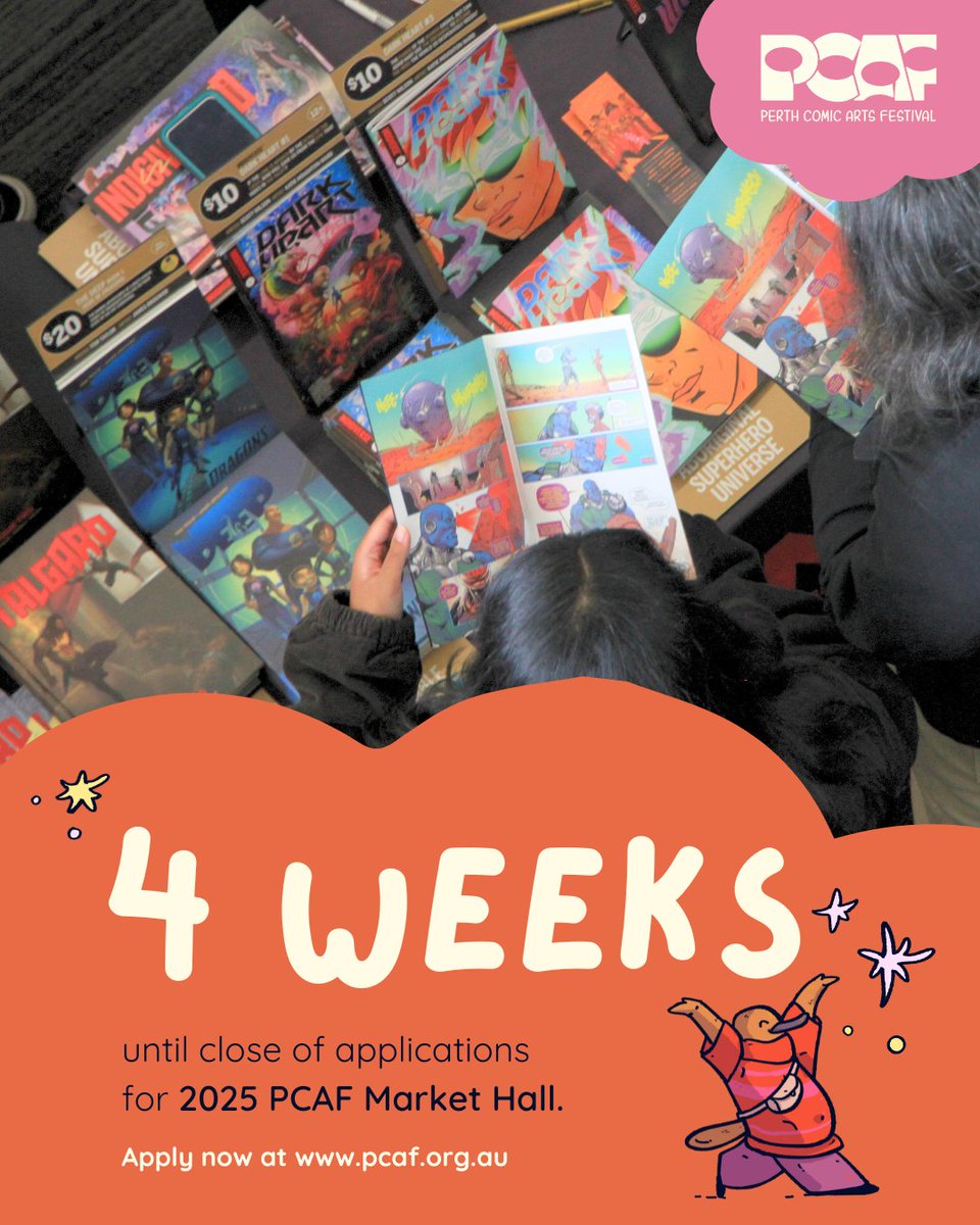 The countdown is on to apply for the 2025 Perth Comic Arts Festival market hall! 

Join the other 100+ exhibitors at our annual celebration of comics and the people who make them ✨