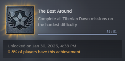 PCSpacegoon's tweet photo. After 72 hours of working my way through missions I have finally completed C&amp;C Tiberian Dawn Remastered on Hard Mode, Fastest Game Speed, with no guides or going into the game files. Last time I played TD was in the 90s so it was great to experience this game again worts and all. https://t.co/FZ0VVw44gD
