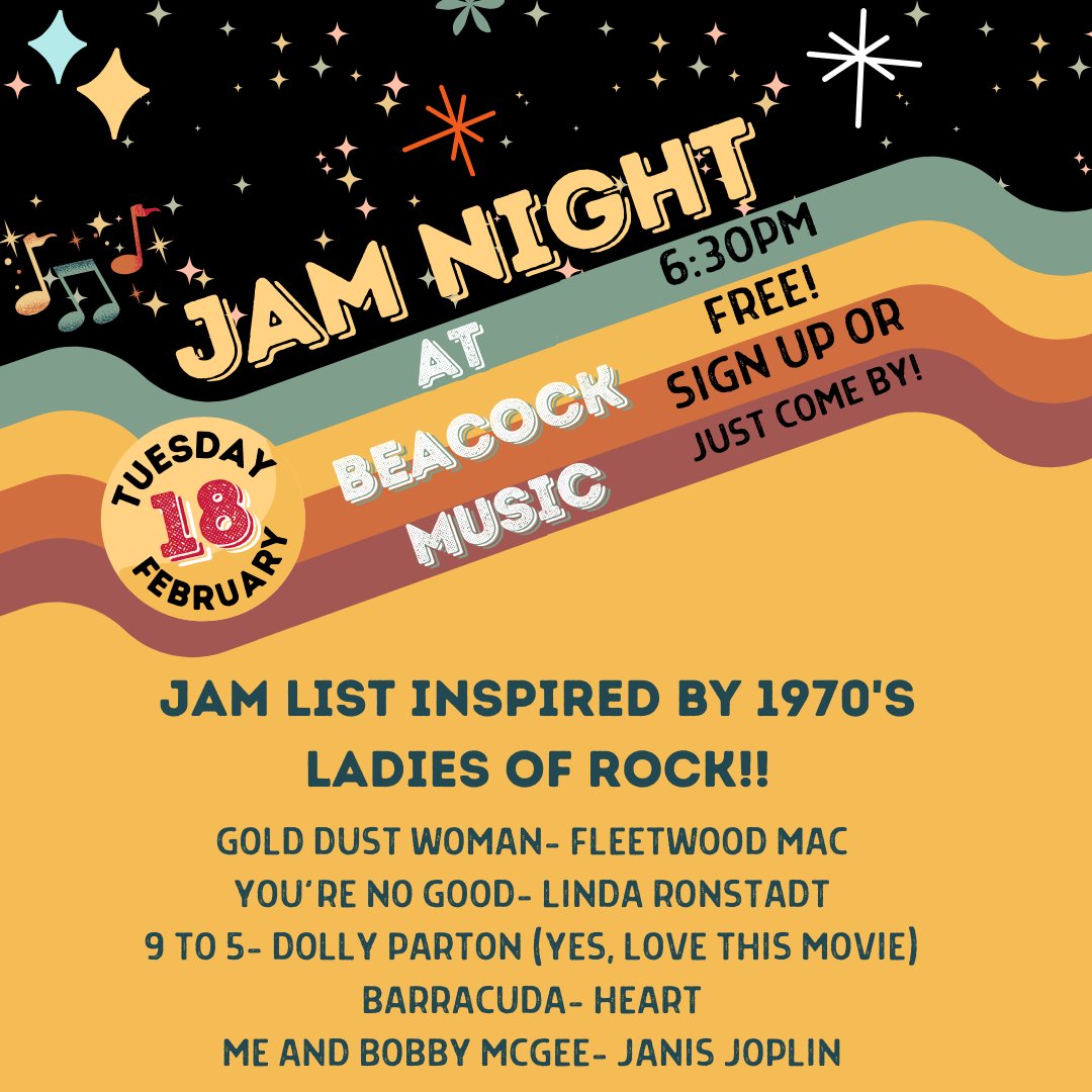 This month's Jam Night is set! Come by on the 18th to play music from the Ladies of Rock from the 1970's! 🤘It's FREE! Sign up online at beacockmusic.opus1.io/w/jam or contact the Education Center at 360.694.7134 or edcenter@beacockmusic.com.
