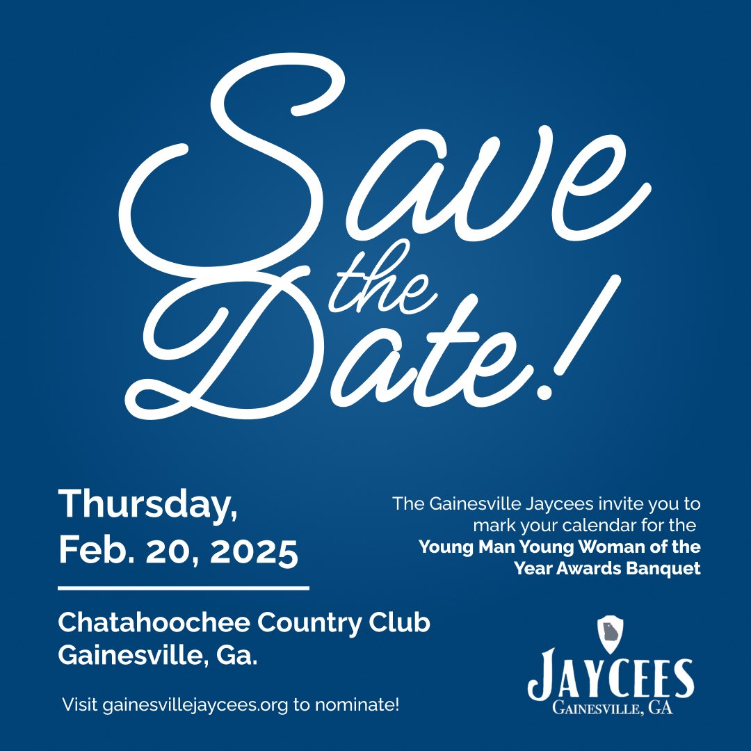 GainesvilleJC's tweet image. Mark your calendar and make plans to attend the Young Man Young Woman of the Year Awards Banquet.
