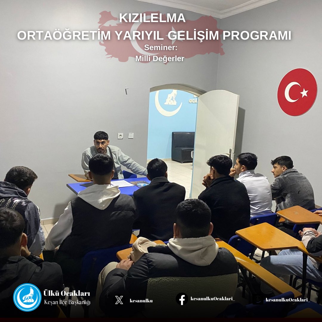 Ülkü Ocakları Keşan İlçe Başkanlığı olarak “Kızılelma Ortaöğretim Yarıyıl Gelişim Programı “ kapsamında “Milli Değerler “Semineri  gerçekleştirdik.  

<a href="/ayyildirim1/">Ahmet Yiğit Yıldırım</a> 
<a href="/fatihaydin_TC/">Fatih Aydın</a> 
@cihan_cetin22 
<a href="/YamalYigit/">Yamalı</a>