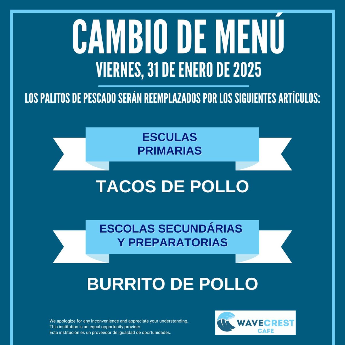 Due to supply challenges with our fish sticks, elementary schools will be serving Chicken Tacos, and middle and high schools will be serving a Chicken Burrito on Friday, January 31, 2025.
=====
Debido a los desafíos de suministro con nuestros palitos de pescado, las escuelas p...
