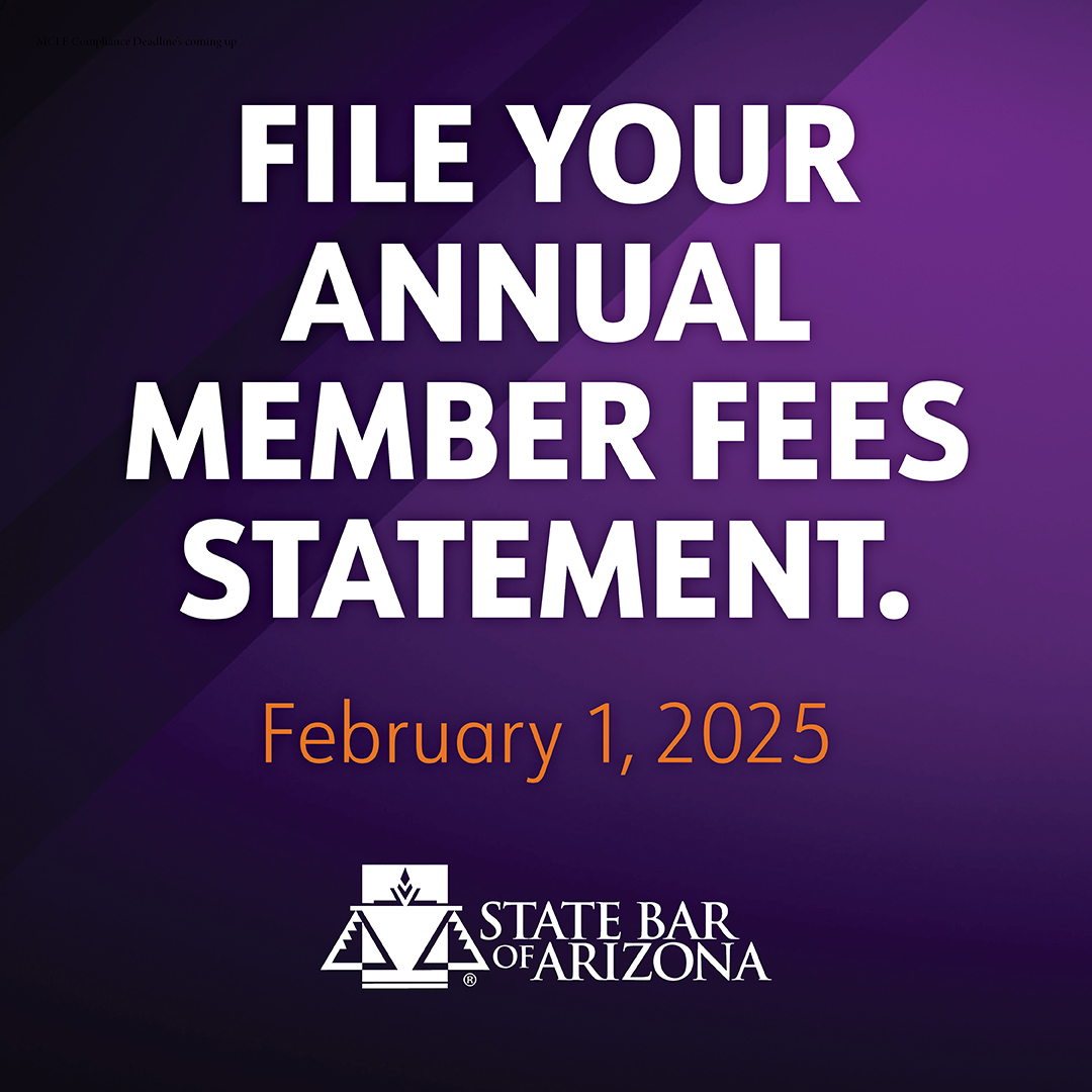 State Bar of Arizona (@azstatebar) on Twitter photo Time is running out! The February 1st deadline is closer than you think. File your Annual Member Fees Statement now to avoid a late fee. Need help? Email membershipfee@staff.azbar.org. Time is running out! The February 1st deadline is closer than you think. File your Annual Member Fees Statement now to avoid a late fee. Need help? Email membershipfee@staff.azbar.org.