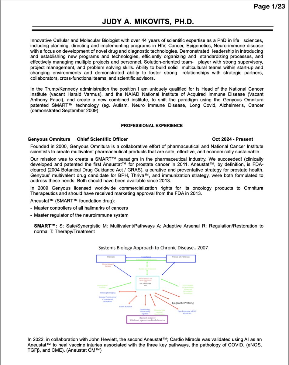 DrJudyAMikovits's tweet image. Since I am being censored and falsely attacked in search engines, below is my Curriculum Vitae, aka CV, which I submitted to Bobby&apos;s team in November.
(full CV at tinyurl.com/CVJudyMikovits…)

You can also find historical supporting documents related to my work-life experience at:…