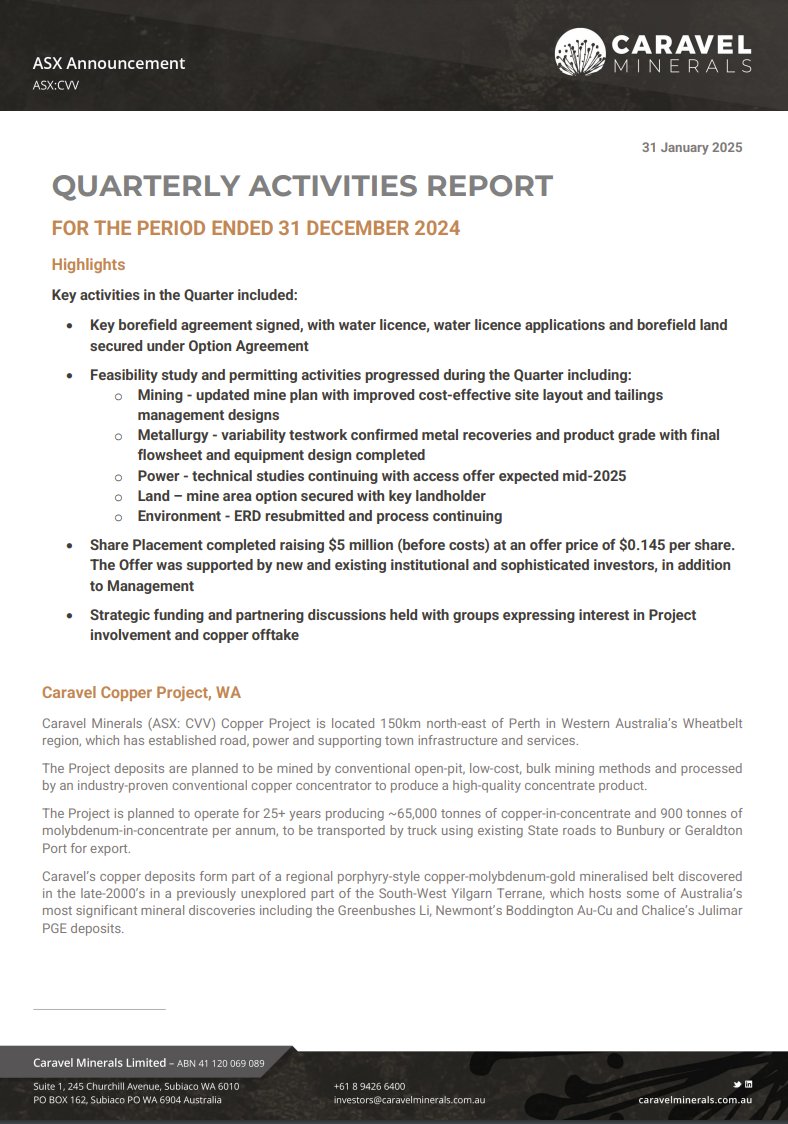 CaravelMinerals's tweet image. Caravel Minerals is pleased to provide its December 2024 Quarterly Report, providing a summary of activities at the Caravel #Copper Project in #WA including progress with the Feasibility Study & permitting.
Read the full report here: ow.ly/ulEG50UQJpk
$CVV #exploration